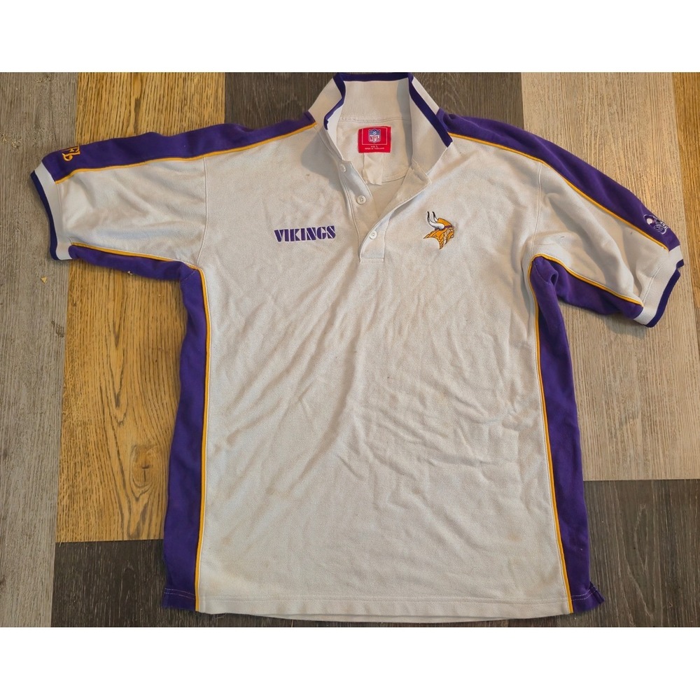 Vintage NFL Minnesota Vikings Polo Shirt Mens Large White Purple Gold Pique Knit